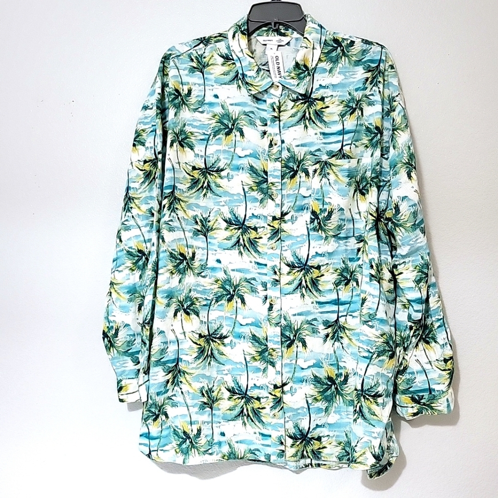 Old Navy Linen Blend The Boyfriend Shirt Button Down Palm Tree Size XL Women's